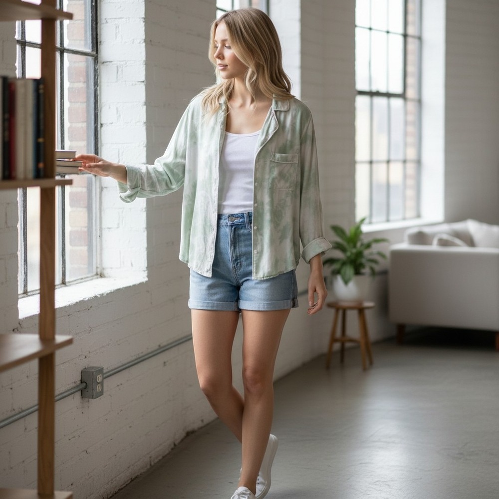 Rails Womens XS Mint Green Tie Dye Button Down Shirt Long Sleeve Relaxed Fit Top